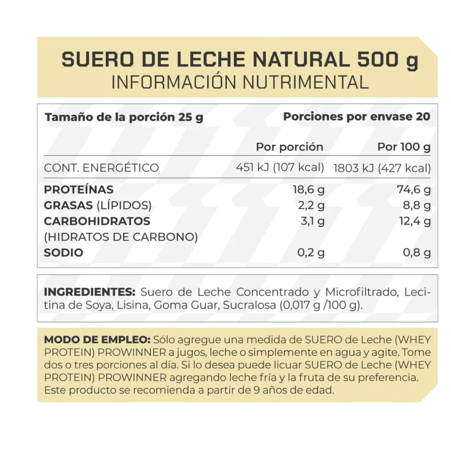 Proteína de Suero de Leche Sabor Natural 500 g PROWINNER