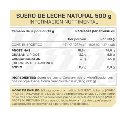 Proteína de Suero de Leche  Sabor Natural 500 g PROWINNER