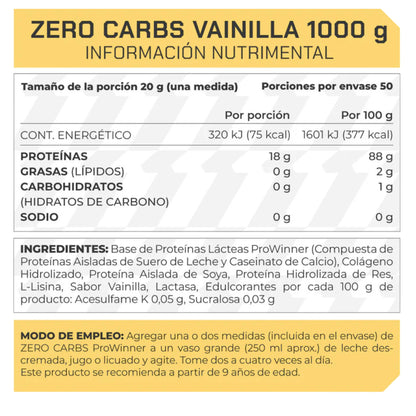 Proteína Zero Carbs Vainilla 1 kg PROWINNER